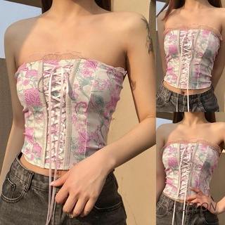 SKELETON Women Summer Sexy Strapless Corset Crop Top Vintage Pink Floral Print Slim Bandeau Camisole Criss Cross Lace-Up Front Ruffled Lace Bustier Party Clubwear