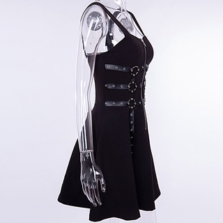 Women Black Zipper Pleated Strap Dress Gothic Street Punk Wind Cosplay Dress (9)