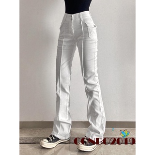 Hgm-pantalones acampanados de estilo Simple para mujer, color blanco, cintura baja, hebillas dobles, con bolsillos (3)