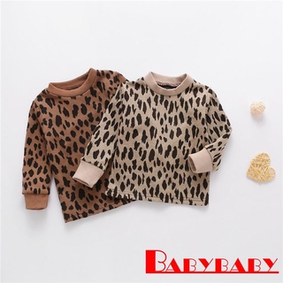 moda-bebé niño niñas leopardo impreso manga larga superior ropa exterior cuello redondo suéter
