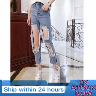 [Ready Stock]BEFORW Women’s Ripped Jeans Spring Autumn High Waist Ankle-Length Loose Tattered Jeans