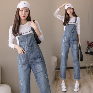 [In stock] Chic Show Thin Korean Style Age Reducing Denim Strap Pants Women's Korean Loose Summer Thin New Fashion Foreign Style Show Thin Nine Point Suit Korean Loose Show Thin Wide Leg Jeans Strap Pants