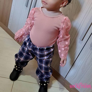 Kx conjunto de ropa de dos piezas de bebé niñas, rosa cuello redondo manga larga mameluco y cuadros impresos pantalones