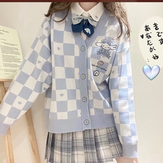 My Melody Kawaii Japonés Harajuku Cinnamon Perro Kuromi JK suéter suelto tablero de ajedrez dulce linda chaqueta de punto (2)