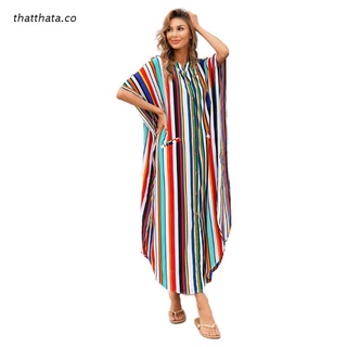 tha mujeres botón arriba suelto vestido de playa cardigan multicolor arco iris impresión de rayas traje de baño cubrir largo kaftan con bolsillos