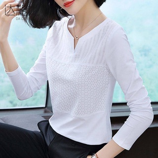 Interior camisa 2020 otoño nuevo estilo de las mujeres de manga larga suelta más el tamaño de la camisa-t bordado de algodón tulen Color sólido V-cuello tendencia camisa inferior camisa