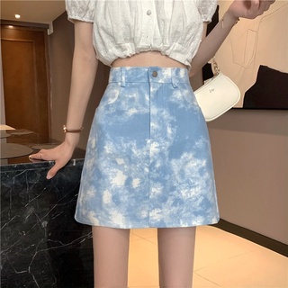 Summer ins tie-dye media falda falda de media longitud para mujer falda pequeña y delgada de cintura alta falda de una línea de arte para mujer falda pequeña (3)