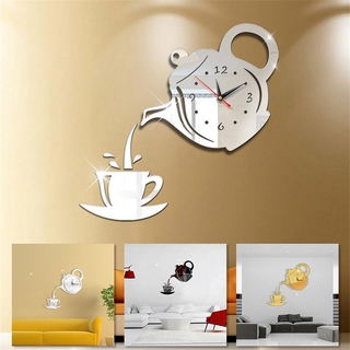 3D negro DIY creativo taza de café tetera reloj de pared/acrílico espejo sin marco reloj de pared pegatinas/moda grandes relojes de pared para el hogar sala de estar dormitorio oficina decoración de pared (5)