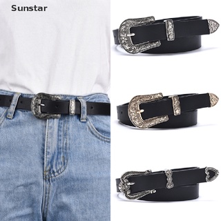 [Sunstar] Cinturón de cuero negro de las mujeres de Metal corazón hebilla cinturón Vintage tallado niñas cinturón (8)