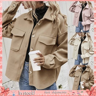BWT_Women Jacket Solid Color Single Breasted Autumn Winter Turn-down Collar Pockets Woolen Coat for Office