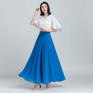 Falda de gasa mujer azul cintura alta A-line falda de baile de longitud media falda larga