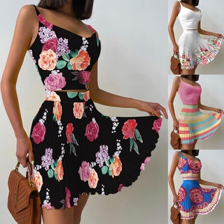 ✨ FuhuangYa 🌫️ Women Print Sleeveless Casual Sexy Pleated Skirt Vest Skirt Set Two Piece Set