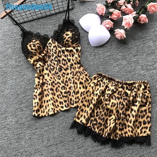 Sexy Pijama De encaje Fze para mujer con cuello en V con estampado De Leopardo+Shorts