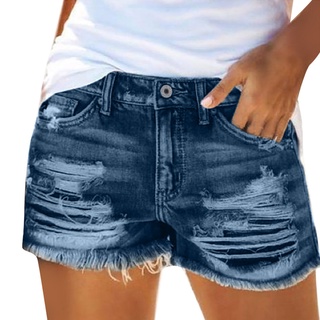 [EXQUIS]Womens Pocket Jeans Denim Pants Female Tassel Hole Bottom Sexy Casual Shorts