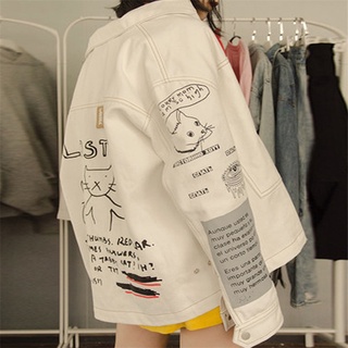 Las mujeres chaquetas de mezclilla de dibujos animados gato impresión blanco básico chaquetas 2021 primavera manga larga Turndown cuello ropa de abrigo abrigos
