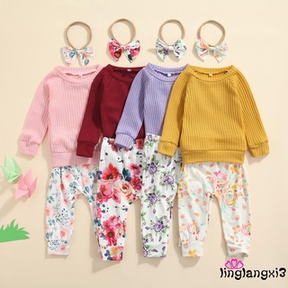 E6-Hot venta de estilo de bebé niñas conjunto de ropa, Color sólido de manga larga O-cuello Tops+pantalones de impresión Floral+diadema de nudo de arco