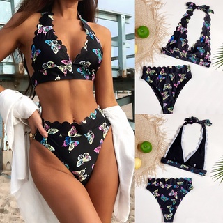 greenwings_Ladies Fashion High Waist Split Swimsuit Butterfly Print Strap Sexy Bikini