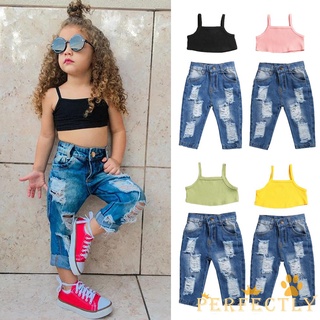 Qda-0-5y niños bebé niñas moda 2 piezas traje conjunto sin mangas Color sólido Top y Ripped Jeans Set