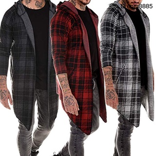 [dm mjkt] otoño de la moda de los hombres de la impresión a cuadros de manga larga causal con capucha camisa abrigo outwear