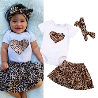 lindo bebé recién nacido niña tops mameluco falda leopardo vestido 3pcs trajes conjunto de ropa