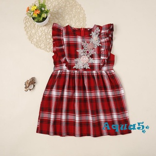 Aqq-dz-vestido infantil, bordado de niña patrón de verificación de manga corta espalda cremallera falda para niños