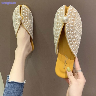 Baotou media zapatillas mujer verano 2021 nueva moda todo-partido red de fondo plano sandalias rojas perezosos sandalias de perla para el desgaste exterior
