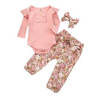 [xhsa]-bebé recién nacido niñas sólido volantes mameluco+pantalones florales conjunto (5)
