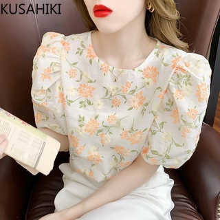 Kusahiki 2021 Verano Floral mujeres blusa Tops Puff manga O-cuello gasa camisa dulce Blusas Mujer De Moda Verano 6H871