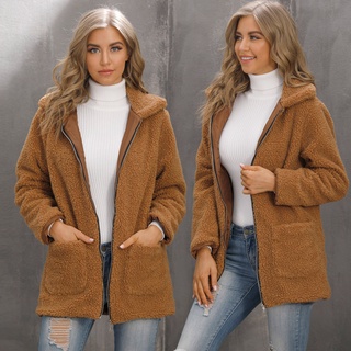 benjanies.co tienda Flash Sale CoatWomen Slim Turn-down chamarra de lana peluda con cremallera abrigo ropa de abrigo con bolsillos