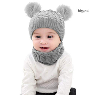 pequeño bebé invierno doble pompón trenza de punto sombrero beanie cuello caliente bufanda conjunto (7)