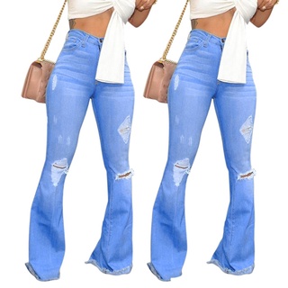 Mujer cintura alta agujero Jeans botón borla pantalones pantalones campana-fondo pantalones