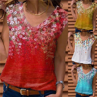Playera/camiseta de mujer con cuello en V y estampado Floral para mujer