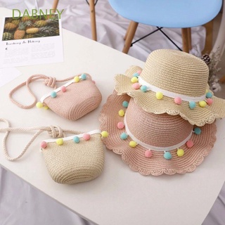 DABNEY Large Handbag Girls Straw Woven Beach Hat Pompom Ball Colorful Summer Hat Sun Protection Fashion Kids Bucket Cap/Multicolor