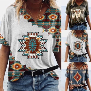 yuerwuy Women T-shirt Geometric Print V Neck Summer Short Sleeve All Match Top for Beach