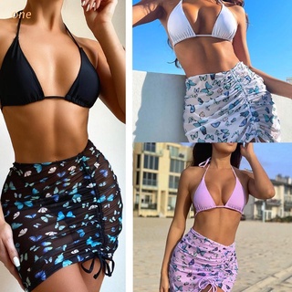 one mujeres sexy 3 piezas bikini conjunto halter cadena micro triángulo traje de baño con impresión de mariposa malla cubrir envoltura falda traje de baño ropa de playa