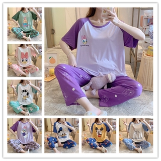 Conjuntos de pijama de seda de leche para mujer de dibujos animados de manga corta pantalones ropa de dormir