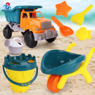 xyp juego de 6 carros/camión/cubo de playa juguete para juego de arena conjunto con carro de riego puede rastrillo pala y 2 mini moldes para niños