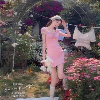 DFYUN 2021Vestido francés rosa de año Manga corta de verano para mujeres delgadas Falda de tirantes de cintura alta ajustada para mujer (1)