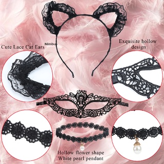 {Nimbus} Juego de 3 piezas de accesorios de disfraz de gato negro, orejas de gato de encaje, máscara de gato de encaje