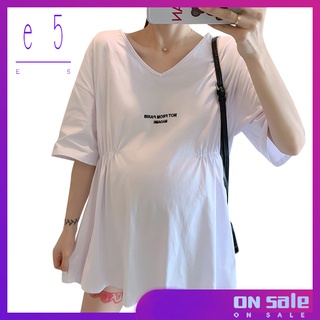 river0014 Women Maternity T-shirt Summer V-neck Short-sleeved Loose Top Solid Color Letter Printing T-shirt (1)