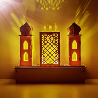 Zong Muslim Festival de madera faro LED lámpara de noche ramadán Eid Mubarak decoración Islam fiesta suministros (4)