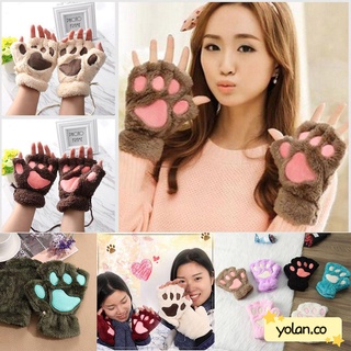 YOLAN 14Colors mujeres oso gato pata niña guantes de felpa esponjoso invierno moda encantador cálido sin dedos/Multicolor