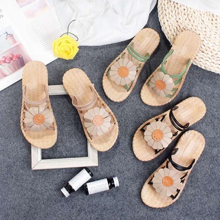Sandalias de girasol y zapatillas de las mujeres desgaste exterior verano nuevo estilo moda plana de dos prendas romanas sandalias de suela gruesa playa mujeres