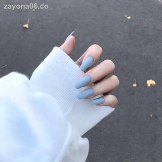 ☞Parche de uñas europeo y americano con trapecio esmerilado azul Parche de uñas falsas desmontable de longitud media con acabado trapezoidal