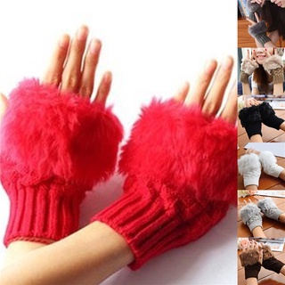 Ladies Winter Fur Woolen Knitted Warmer Fingerless Gloves Warmer Fur Gloves Plush Half Finger Gloves Knitted Winter Warm Gloves