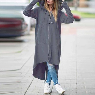 abrigo largo de las mujeres con capucha de manga larga con cremallera asimétrica dobladillo largo sudadera con capucha abrigo (4)