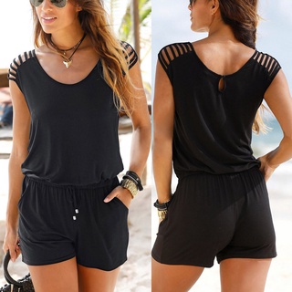 [EXQUIS]Women Casual Hollow Out O-Neck Solid Sleeveless Tube Jumpsuit Short Playsuit