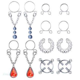 gssyy 6 pares de anillos de pezón falsos de acero inoxidable para mujer, sin perforar, diamantes de imitación, clip de tornillo en joyería