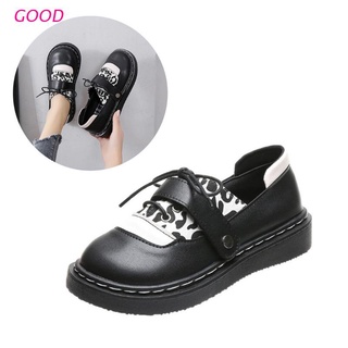 buenas mujeres lolita negro blanco leopardo cuero sintético zapatos dulce dedo del pie redondo plataforma con cordones vintage estudiante cosplay zapatos planos