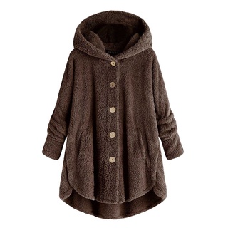 Las mujeres más el tamaño del botón de felpa Tops con capucha suelta chaqueta de lana abrigo de invierno chaqueta seting.br